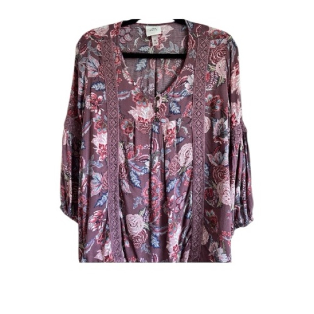 Purple Knox Rose Floral Boho Blouse Sz M